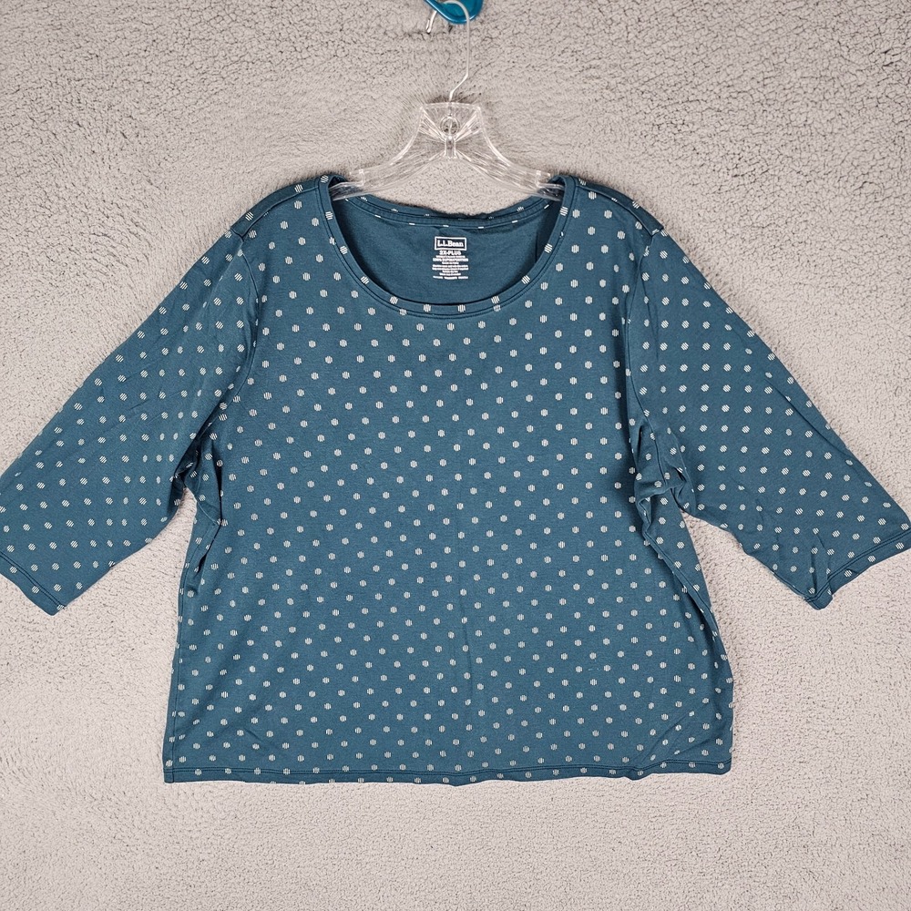 L.L. Bean T-Shirt Womens 2X Blue Polka Dot 3/4 Sleeve Round Neck Pima Cotton